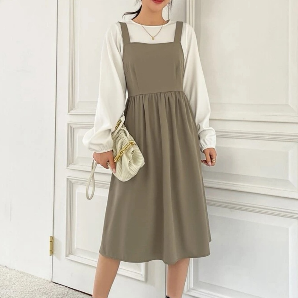 Tan Midi Dress w/ White Blouse